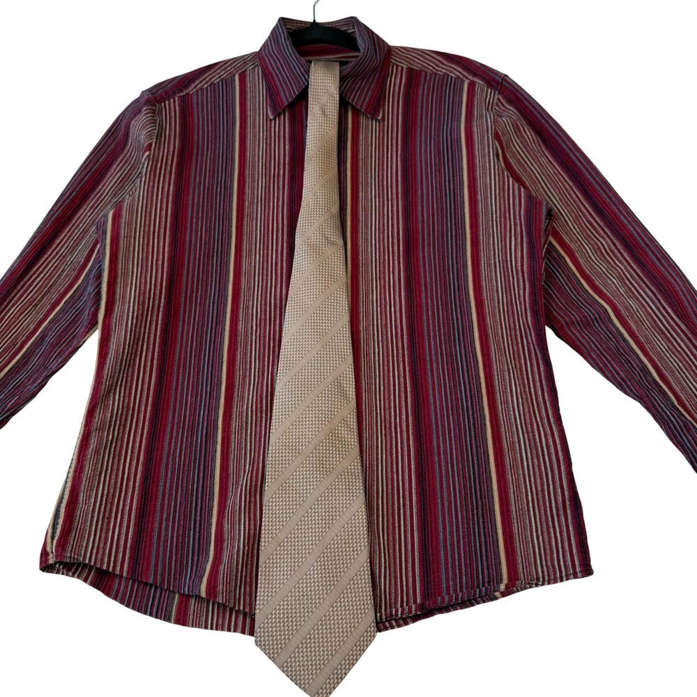 Killer Striped Button Down Shirt Burgundy Beige Stripe Tie SET - Business Mens M